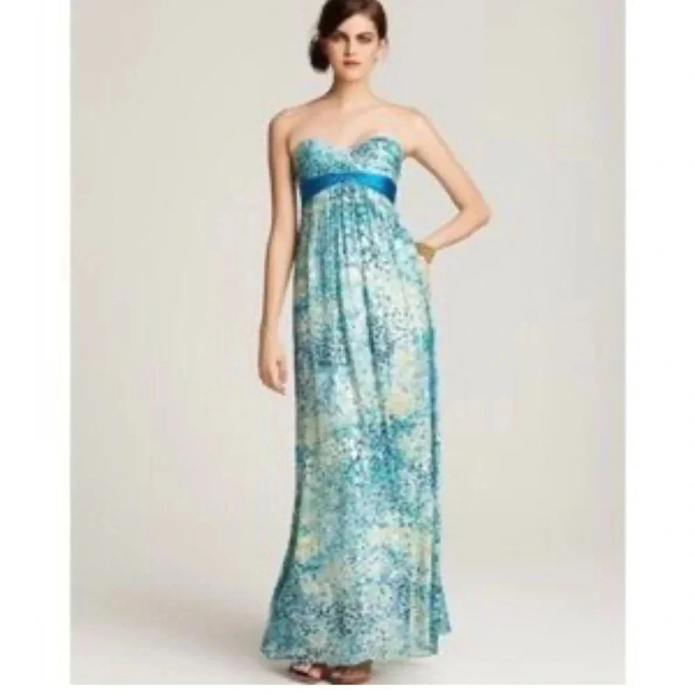 BCBGMaxAzria Strapless Blue and Teal Printed Maxi Dress